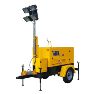 The unit is bright yellow with black accents and features a tall extendable light arm with four floodlights mounted at the top